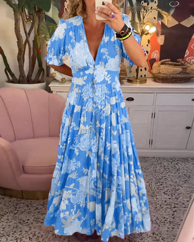 Reagan - V-Neck Short Sleeve Floral Maxi Dress
