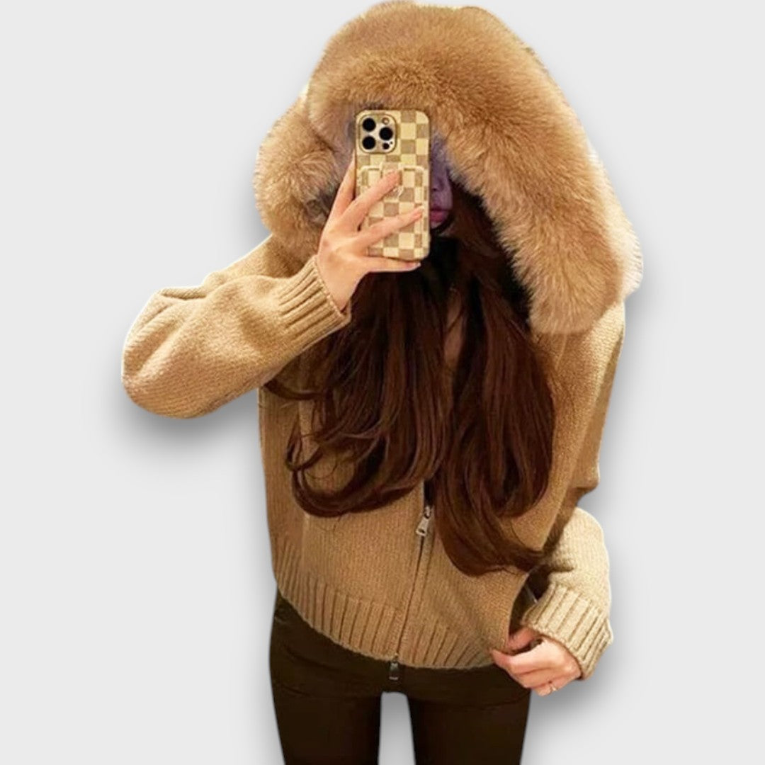 Alisanne – Knit JacketWith Zipper And Faux Fur Collar