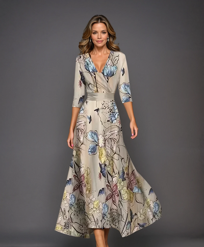 Emily - Printed High Waist Midi Dress with Mid Sleeves