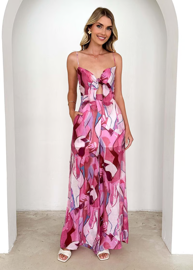 Annalise - Chic Printed Suspender Strap Long Dress